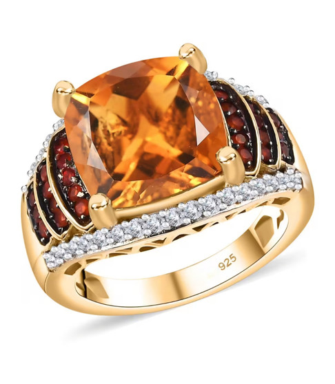 front view of citrine fire opal and moissanite ring in 18k yellow gold over sterling silver