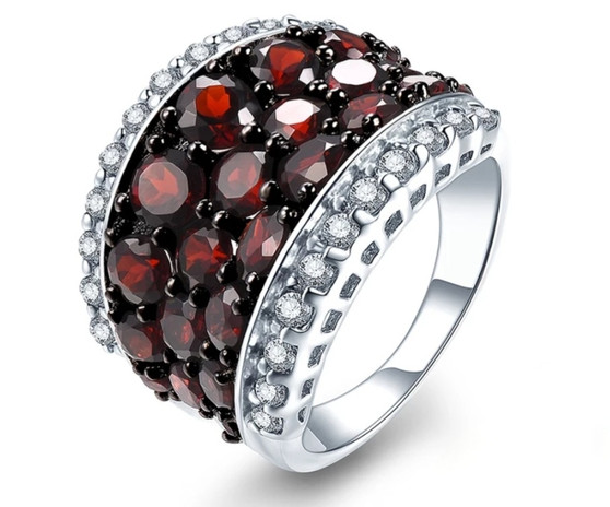 garnet and white zircon cluster ring in rhodium over sterling silver