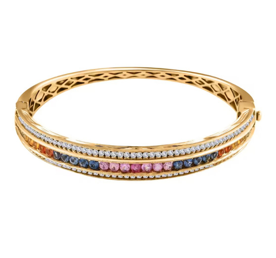 multi sapphire and moissanite bangle bracelet in 18k yellow gold over sterling silver