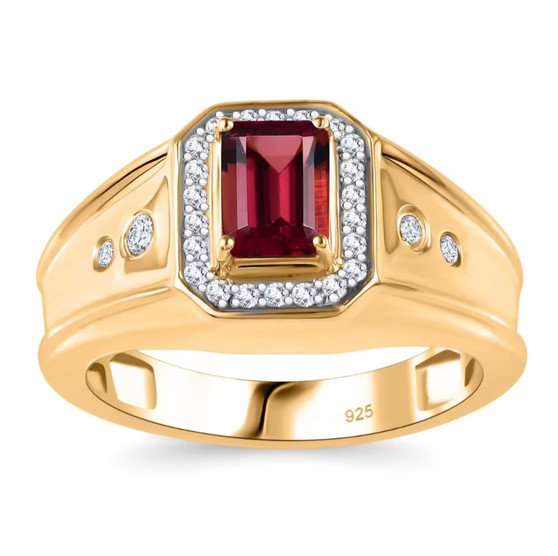 rubellite tourmaline and moissanite emerald cut halo gents ring in 18k yellow gold over sterling silver