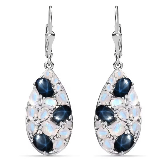 back view of star sapphire and moonstone cluster lever back earrings in rhodium over sterling silver