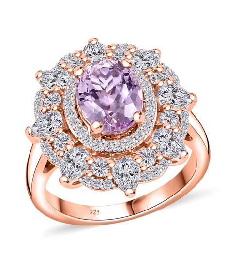 kunzite and moissanite ring in 18k rose gold over sterling silver