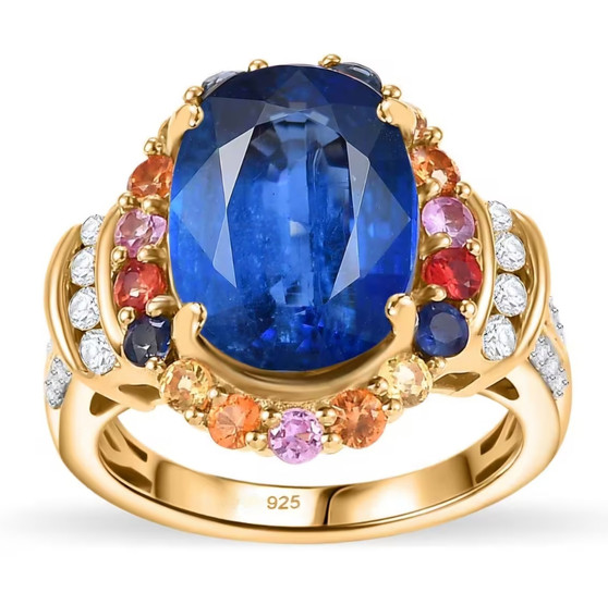 kyanite multi sapphire and zircon halo ring in 18k yellow gold over sterling silver