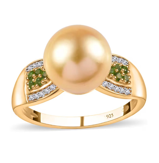 golden south sea pearl chrome diopside and white zircon ring in 18k yellow gold over sterling silver