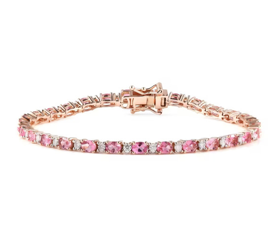pink tourmaline and moissanite tennis bracelet in 18k rose gold over sterling silver