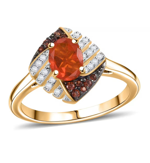 fire opal brown and white zircon ring in 18k yellow gold over sterling silver