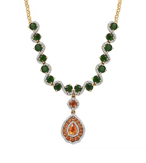 spessartine garnet chrome diopside and white zircon necklace in 18k yellow gold over sterling silver