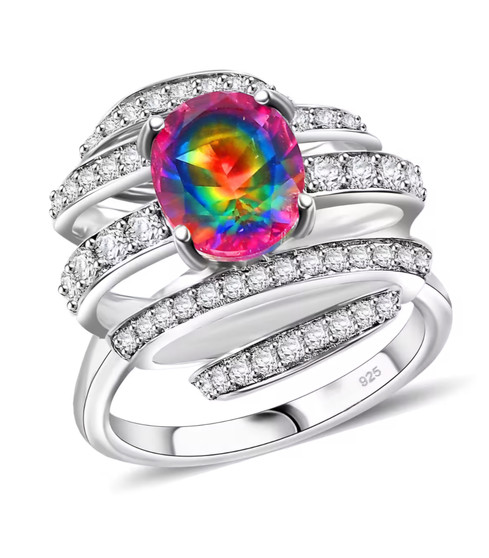 quartz doublet and white zircon ring in rhodium over sterling silver