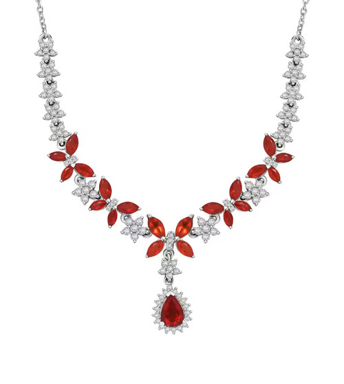 fire opal and moissanite necklace in rhodium over sterling silver