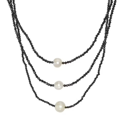 freshwater pearl and black spinel triple row necklace in rhodium over sterling silver