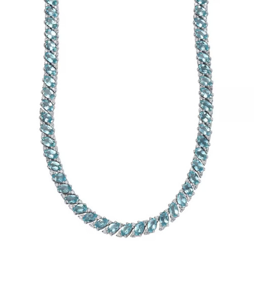 blue apatite and white zircon tennis necklace in rhodium over sterling silver