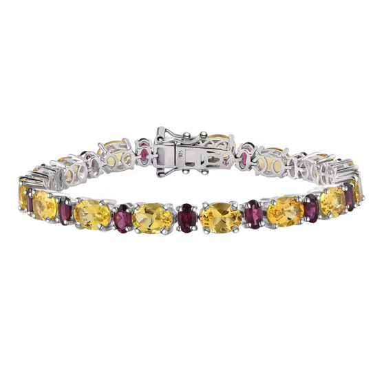 heliodor and rhodolite garnet tennis bracelet in rhodium over sterling silver
