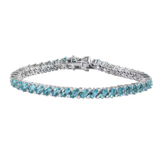 blue apatite and white zircon tennis bracelet in rhodium over sterling silver