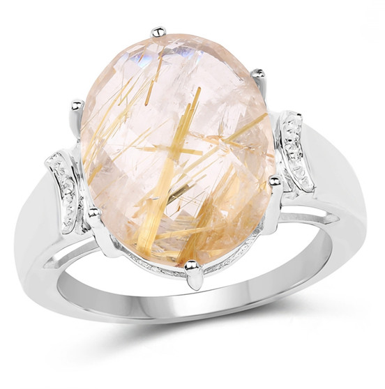 rutilated quartz and white topaz ring in rhodium over sterling silver