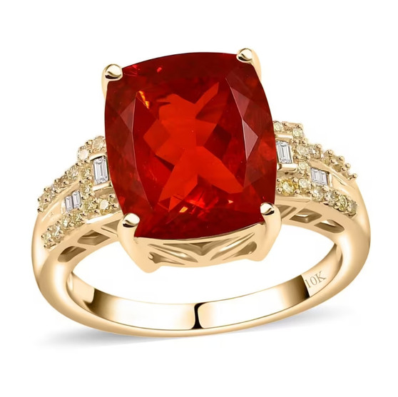 fire opal yellow and white diamond ring in solid 10k yellow gold