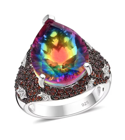 quartz doublet garnet and white zircon star ring in black and white rhodium over sterling silver
