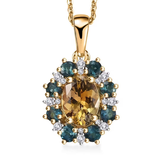 golden tanzanite indicolite tourmaline and moissanite halo pendant necklace in 18k yellow gold over sterling silver