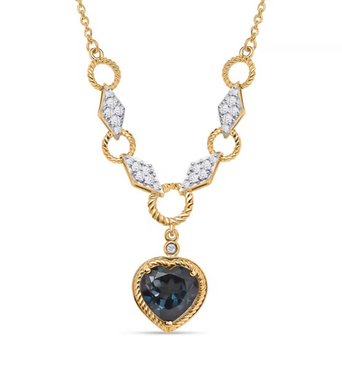 london blue topaz and moissanite heart necklace in 18k yellow gold over sterling silver