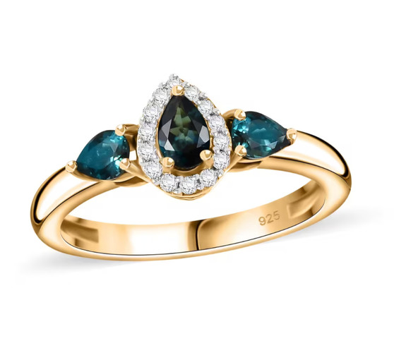 indicolite tourmaline and moissanite three stone ring in 18k yellow gold over sterling silver