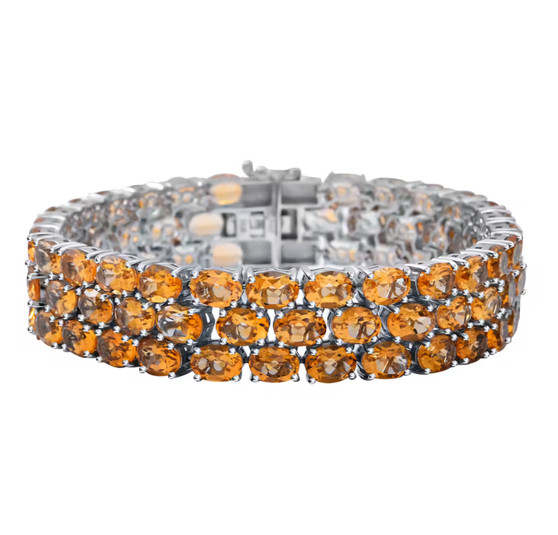 front view of oval citrine triple row tennis bracelet in rhodium over sterling silver