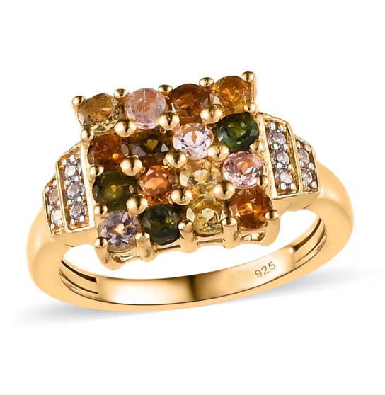multi color tourmaline and white zircon cluster ring in 18k yellow gold over sterling silver