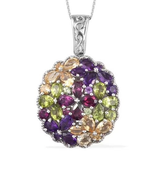multi gemstone cluster pendant necklace in rhodium over sterling silver