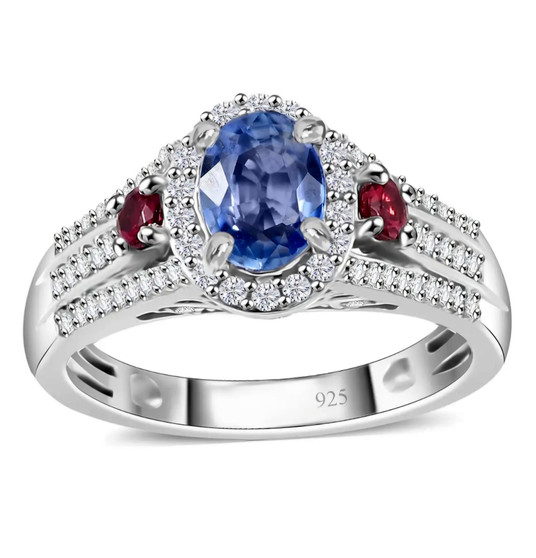 ceylon sapphire rubellite tourmaline and zircon ring in rhodium over sterling silver