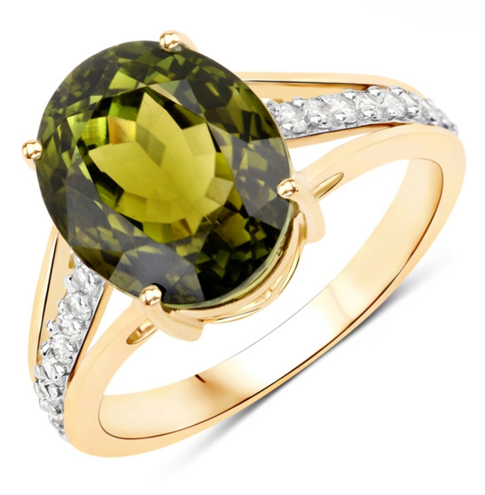 green tourmaline and diamond ring in solid 14k yellow gold