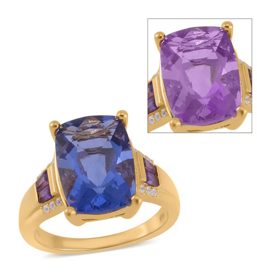 color change fluorite amethyst and white zircon ring in 18k yellow gold over sterling silver