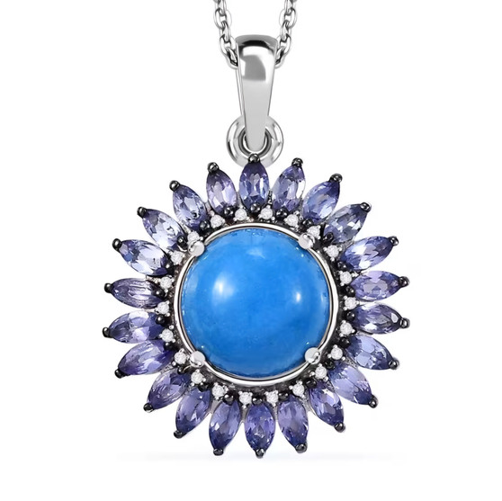 ceruleite tanzanite and zircon halo pendant necklace in rhodium over sterling silver