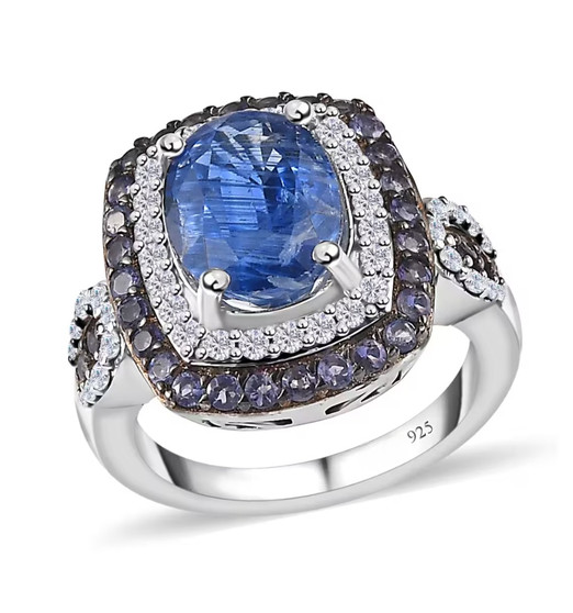 kyanite iolite and moissanite halo ring in rhodium over sterling silver