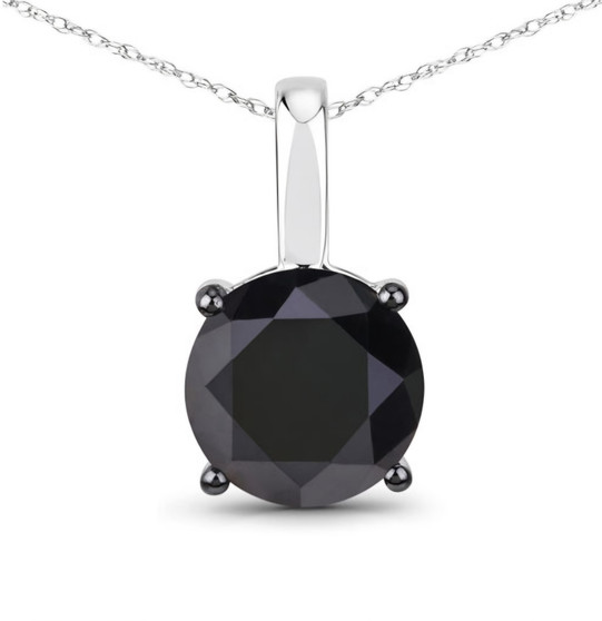 front view of round black diamond solitaire pendant necklace in solid 14k white gold