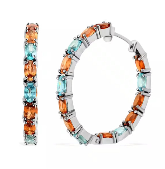 blue and orange zircon hoop earrings in rhodium over sterling