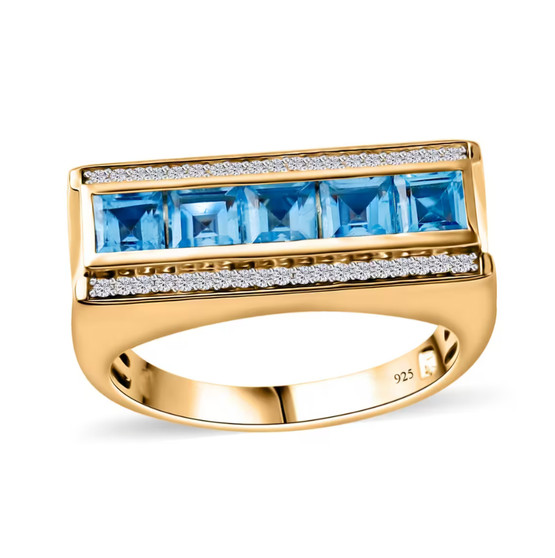 swiss blue topaz and white zircon gents ring in 18k yellow gold over sterling silver