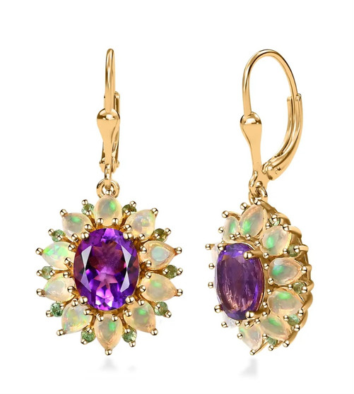 front view of amethyst and opal tsavorite garnet halo dangle earrings in 18k yellow gold over sterling silver