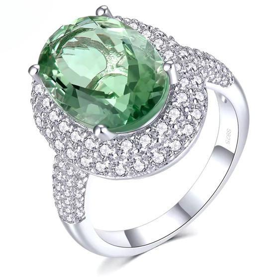 oval green fluorite and white zircon halo ring in rhodium over sterling silver
