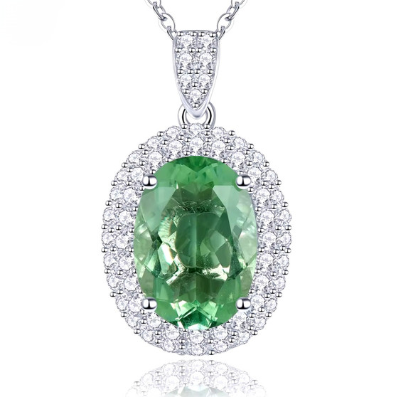 oval green fluorite and white zircon halo pendant necklace in rhodium over sterling silver