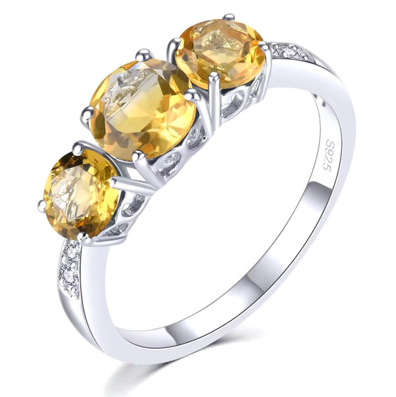 citrine three stone and white zircon accent ring in rhodium over sterling silver