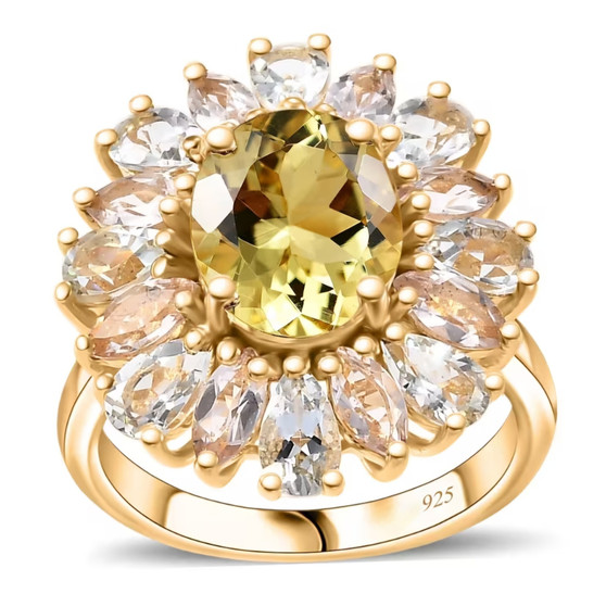 heliodor aquamarine and morganite halo ring in 18k yellow gold over sterling silver