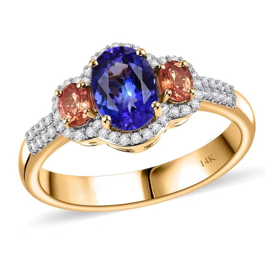 tanzanite padparadscha sapphire and diamond ring in solid 14k yellow gold