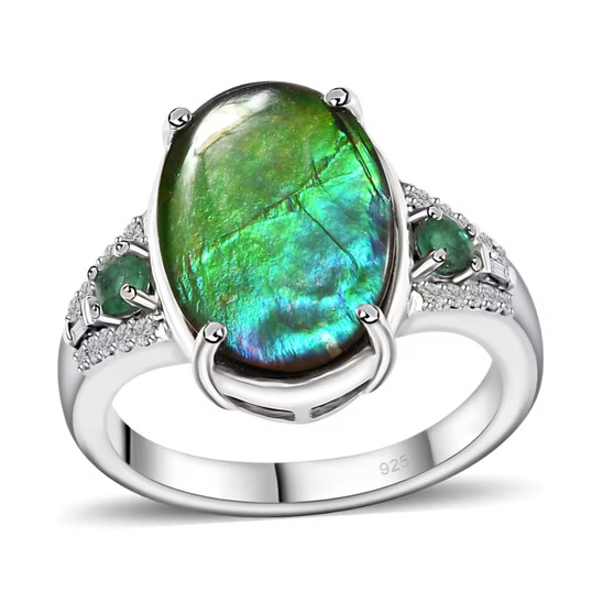 oval ammolite emerald and diamond ring in rhodium over sterling silver