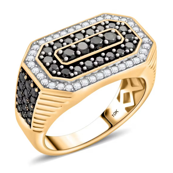 front view of black and white diamond gents ring in 10k yellow gold