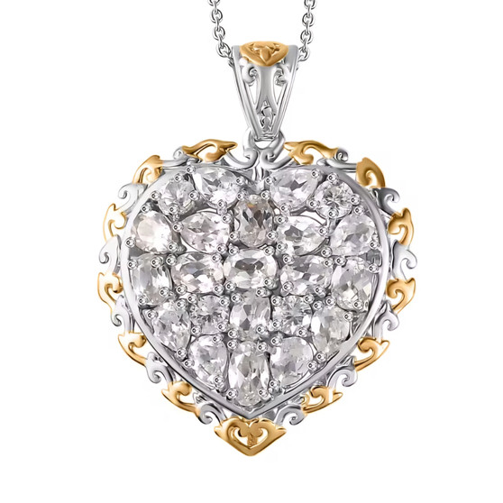 white topaz heart shaped cluster pendant necklace in two-tone 18k yellow gold and rhodium over sterling silver