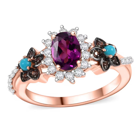 purple garnet turquoise and brown and white zircon flower ring in 18k rose gold over sterling silver