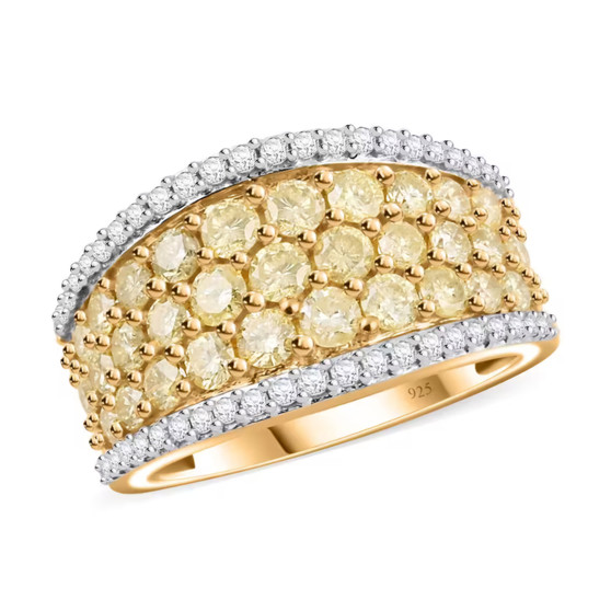 yellow and white diamond cluster wide band ring in 18k yellow gold over sterling silver