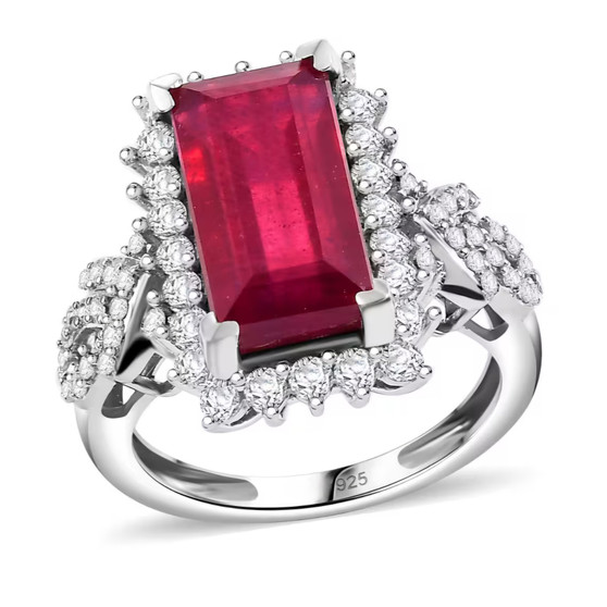 baguette ruby (ff) and round white zircon halo ring in rhodium over sterling silver