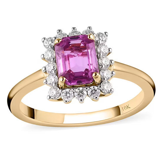 pink sapphire and moissanite halo ring in 10k rose gold