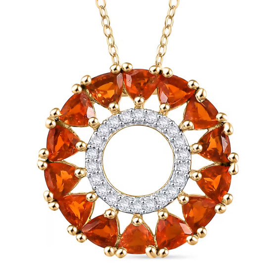 trillion fire opal and round moissanite circle pendant necklace in 18k yellow gold over sterling silver