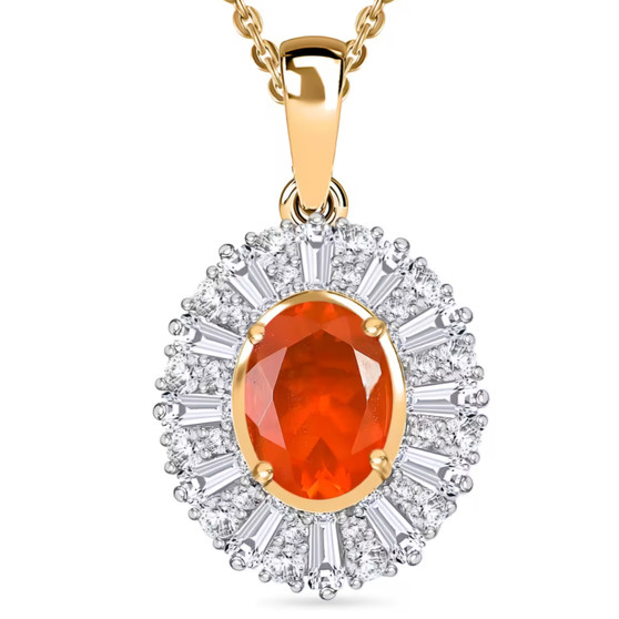oval fire opal and moissanite halo pendant necklace in rhodium and 18k yellow gold over sterling silver