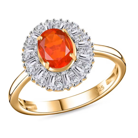 oval fire opal and moissanite halo ring in rhodium and 18k yellow gold over sterling silver